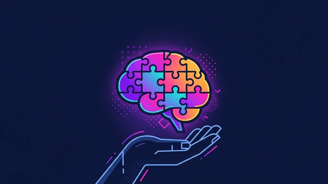 Glowing puzzle-piece brain floating above an open hand, flat vector illustration