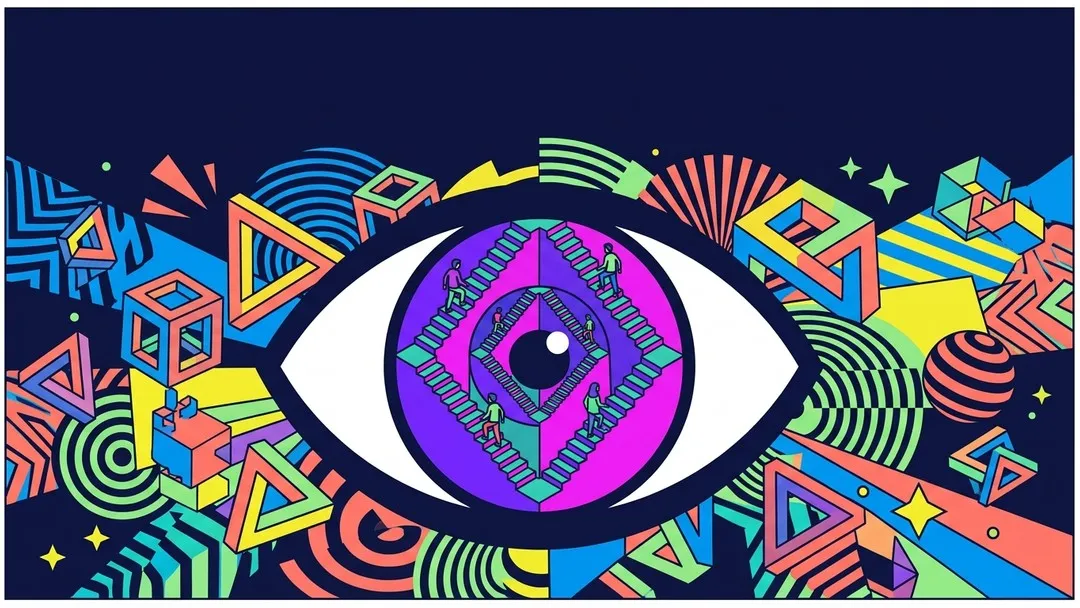 Psychedelic eye with impossible geometry and colorful optical patterns, flat vector illustration