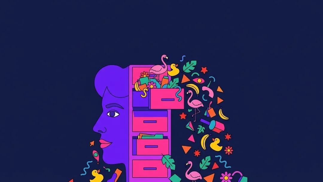 Head-shaped filing cabinet overflowing with flamingos, rubber ducks, and random objects, flat vector illustration