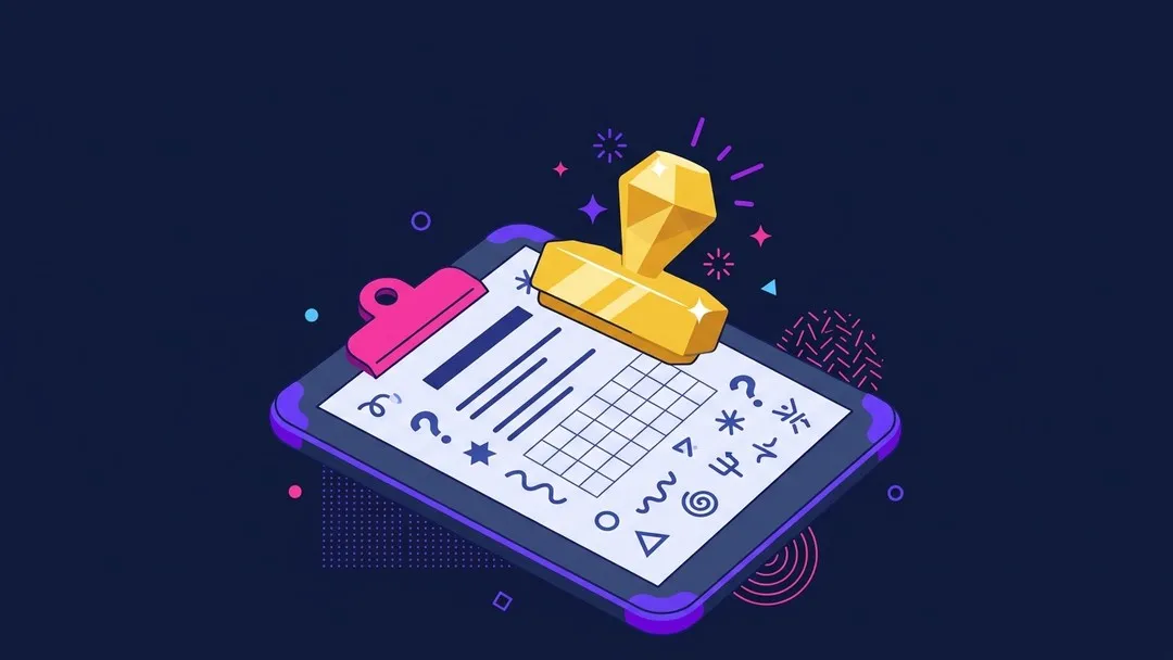 Clipboard with nonsense test answers and a gold genius stamp, flat vector illustration