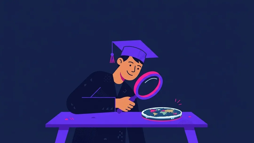 Graduate with magnifying glass examining a tiny flat earth, flat vector illustration